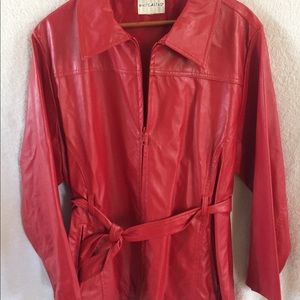 Red faux leather long coat with belt